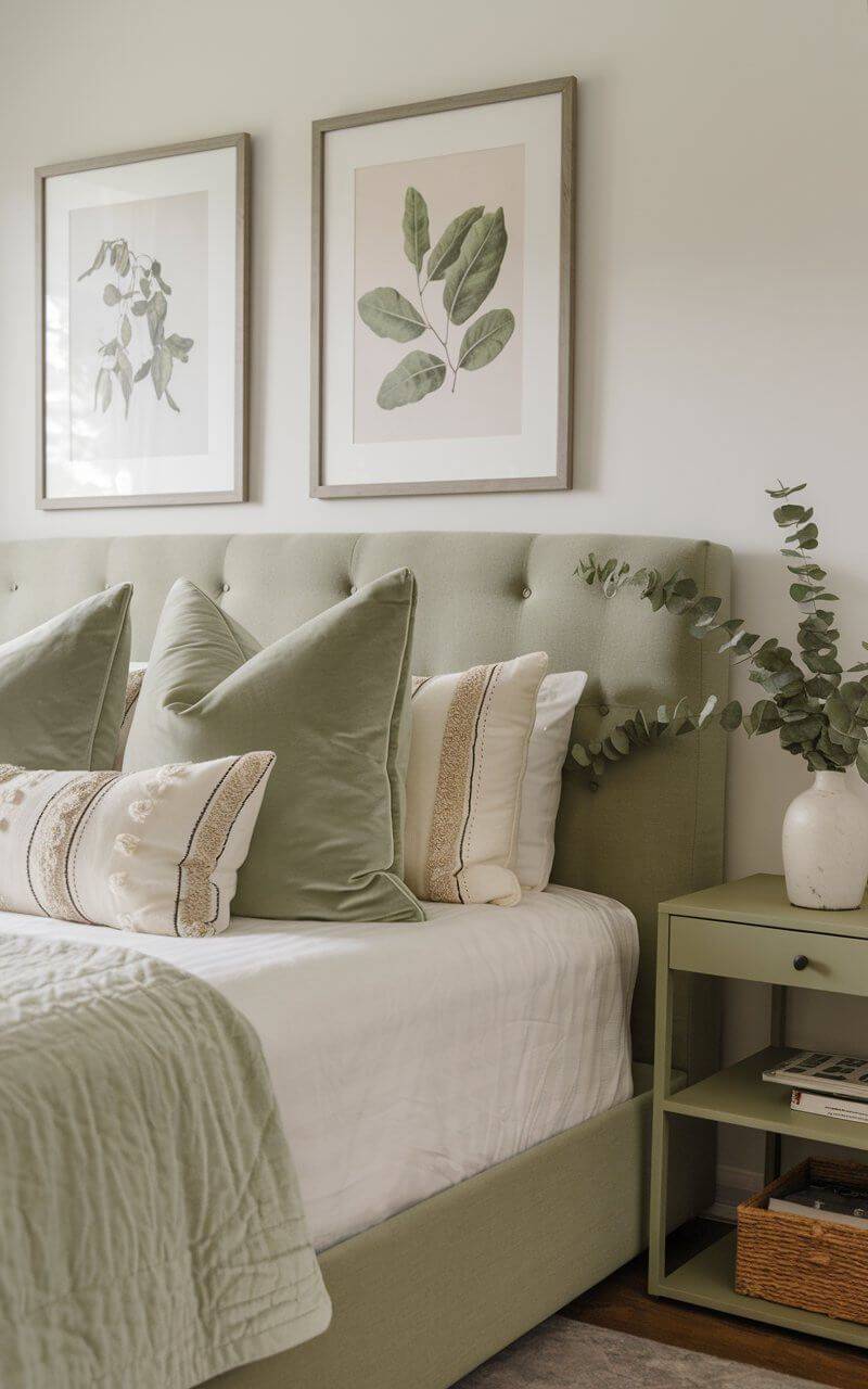 Dormitorio con tonos verde suave y beige